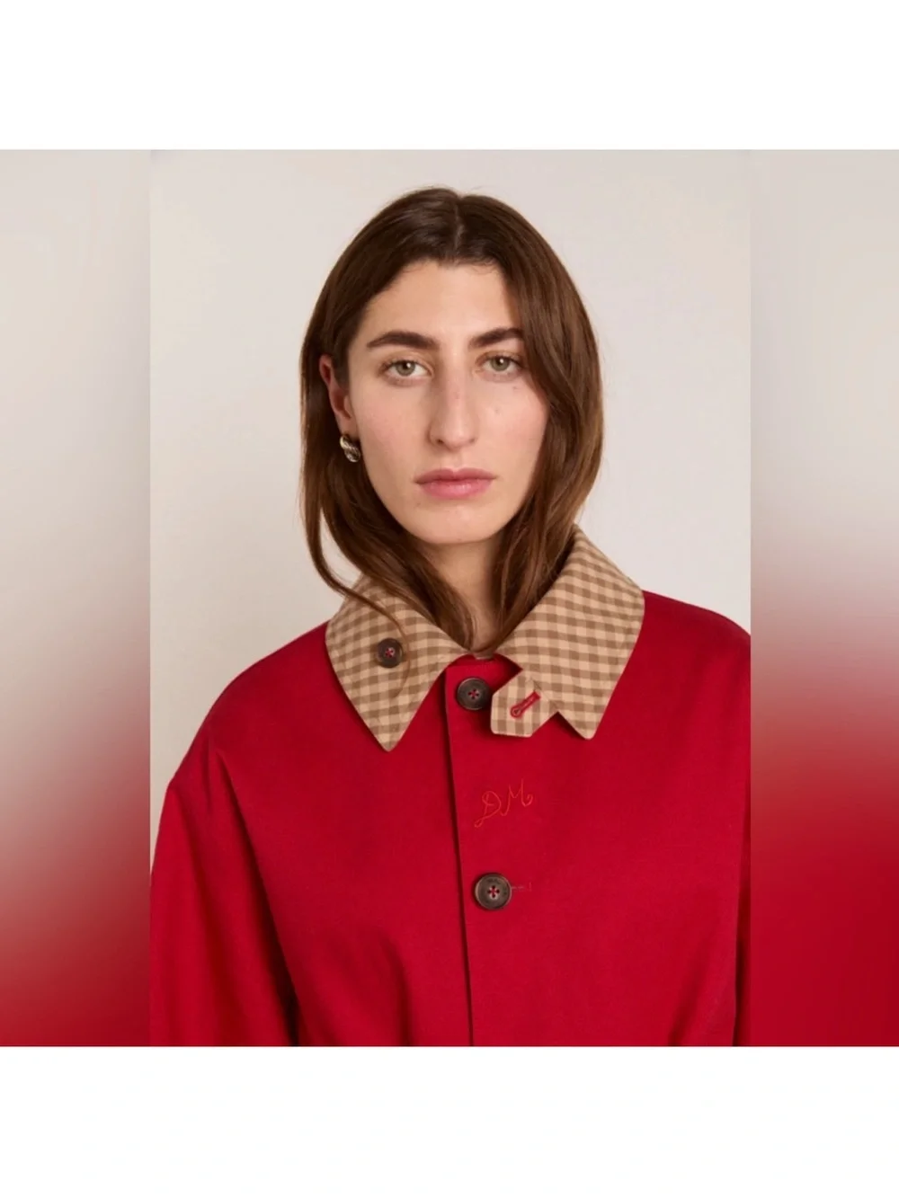 Damson Madder Reversible Red and Tan Check Women's Trench Coat oversized - Picture 8 of 16
